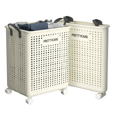 two white plastic laundry baskets on wheels with the words pretticare printed on them