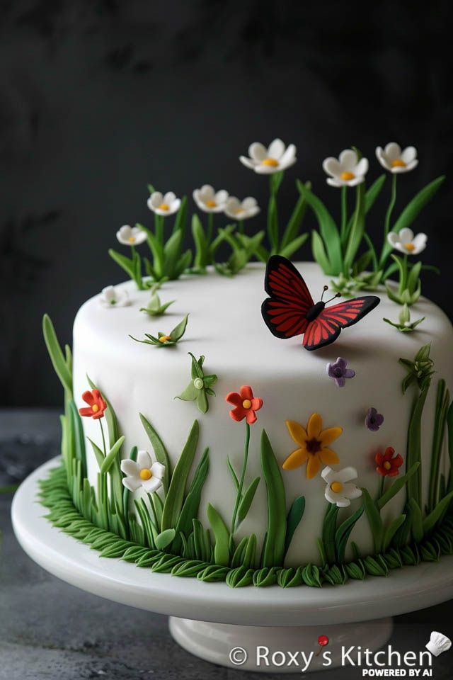 a cake decorated with flowers and a butterfly on top