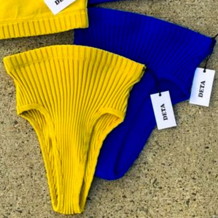 Knit In Brooklyn Ny Set Of 2 Large Mustard And Cobalt Purchased From Garmentory Didn't End Up Fitting New With Tags Ships From Hawaii Made In Hawaii Summer Ribbed Poolside Bottoms, Ribbed Bottoms For Poolside Summer, Summer Ribbed Bottoms For Poolside, Summer Knit Beach Bottoms, Ribbed Beachwear Bottoms For Summer, Ribbed Bottoms For Beach Summer, Fitted Ribbed Beach Bottoms, Ribbed High Stretch Bottoms For Summer, High Stretch Ribbed Summer Bottoms