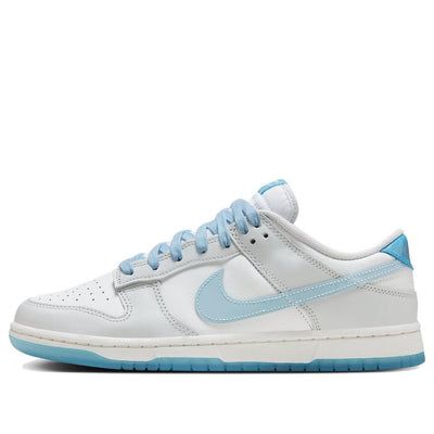 The Nike Dunk Low '520 Pack Ocean Bliss' is a stylish sneaker that features a blend of white, grey and light blue tones. Crafted with a full leather upper, this sneaker features a mesh tongue and lining. The white base is highlighted with a grey overlay on the TPU lateral Swoosh, laces, tongue label, patent leather heel, insole and semi-translucent outsole with a blue contrast. The inner side features a dark grey Swoosh logo, the insole and heel are branded with the “520” logo, and the white mid Light Blue High-top Sneakers For Light Sports, Sporty Light Blue Sneakers With Contrast Sole, Sporty Light Blue Sneakers With Laces, Light Blue Sneakers For Light Sports With Rubber Sole, Light Blue Sneakers With Rubber Sole For Light Sports, Light Blue High-top Sneakers With Translucent Outsole, Sporty Custom Light Blue Sneakers With Laces, Light Blue Sporty Custom Sneakers, Light Blue Low-top Sneakers For Streetwear