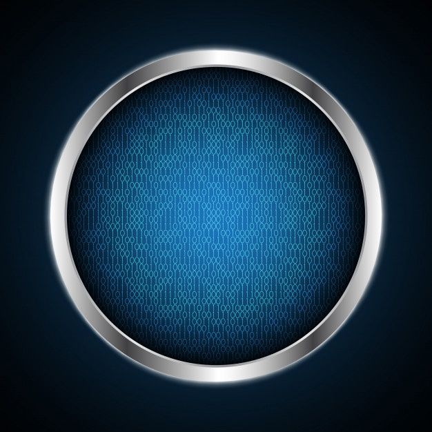 an abstract blue background with metal frame and metallic ring on the center, in front of a black background