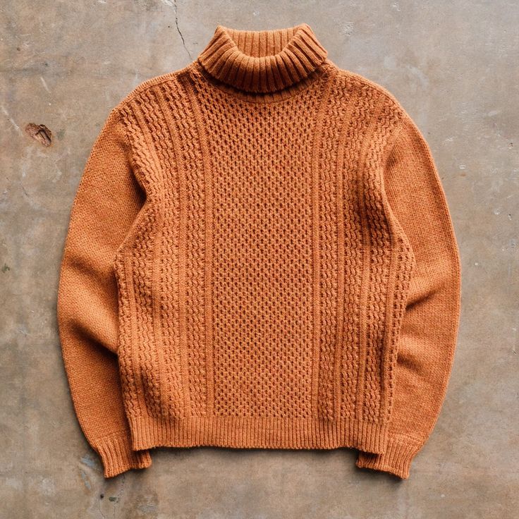 "Vintage 70s Revere Cable Knit Turtleneck Sweater Nice soft wool acrylic blend Orange with yellow and red undertones Fits Size M/L -Chest: 21\" (pit to pit) -Length: 27\" (top of shoulder to bottom hem) -Sleeve: 25\" -Shoulders: 23\" In excellent vintage condition" Winter Wool Turtleneck With Knit Fabrication, Wool Turtleneck With Knit Fabrication For Winter, Winter Wool Knit Turtleneck, Wool Knit Turtleneck For Winter, Yellow Wool Winter Sweater, Vintage Fall Sweater For Cold Weather, Retro Chunky Knit Fall Sweater, Retro Chunky Knit Sweater For Fall, Fall Vintage Sweater For Cold Weather