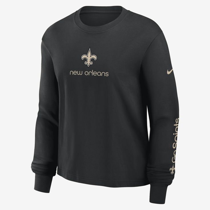 Made with bold team details and soft cotton fabric, this Boxy T-Shirt helps you comfortably support the New Orleans Saints in cooler weather. Nike Black Tops For Game Day, Nike Black Top For Game Day, Black Nike Fan Apparel Tops, Nike Black Fan Apparel Tops, Nike Black Tops Fan Apparel, Nike Black Tops For Fans, Nike Black Tops With Team Logo, Black Nike Top With Team Logo, Black Crew Neck Top With Team Logo