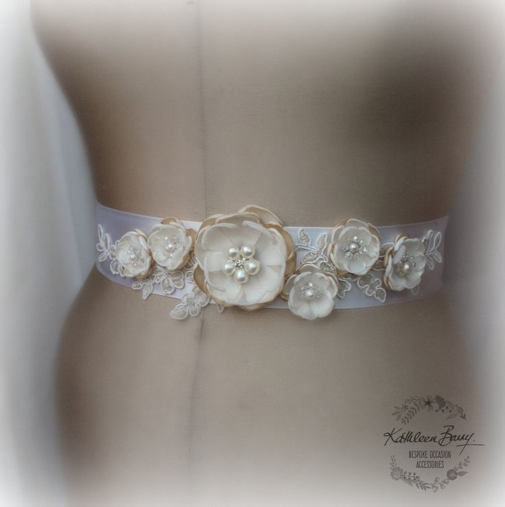 R750 Wedding dress sash belt floral with от KathleenBarryJewelry Fitted Lace Bridal Belt For Bride, Elegant Lace Bridal Belt For Party, Elegant Fitted Lace Bridal Belt, Elegant Lace Fitted Bridal Belt, Lace Bridal Belt With Sashes For Wedding, Elegant Beige Lace For Wedding, Elegant Cream Wedding Sash, Cream Lace Bridal Accessories For Wedding, Elegant Cream Sashes For Wedding