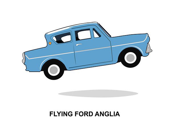 an old blue car with the words flying ford angia on it's side