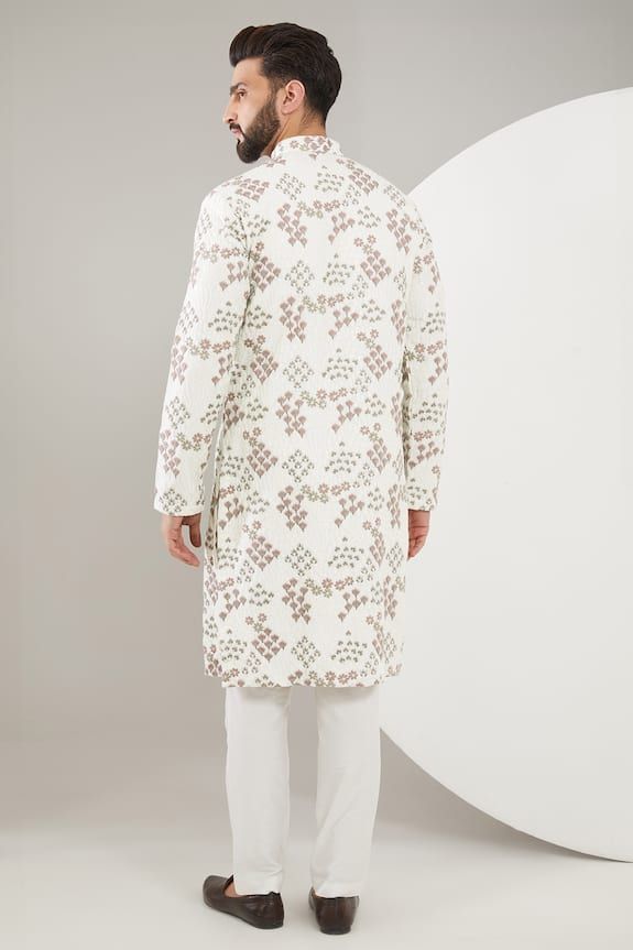 White kurta with florette print and thread embroidery. Comes with a pant. - Aza Fashions Kurta For Men, Dia Mirza, Eid Party, White Kurta, Cocktail Reception, Madhuri Dixit, Luxury Sale, Thread Embroidery, Fashion App