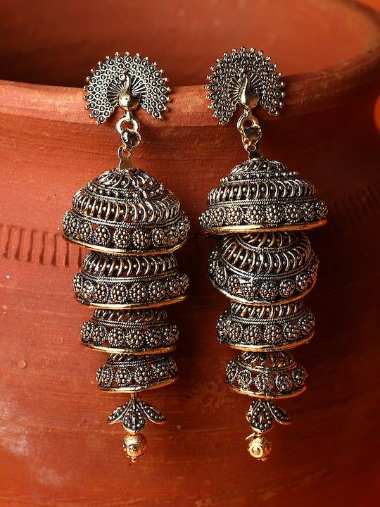 Black & Gold-Plated Enamelled Dome Shaped Jhumka Drop Earrings VitansEthnics Desi Vibes, Aesthetic Jewellery, Classy Lifestyle, Jhumka Designs, Pinterest Jewelry, Oxidised Earrings, Oxidised Silver Jewelry, Indian Jewelry Earrings, Wedding Necklace Set