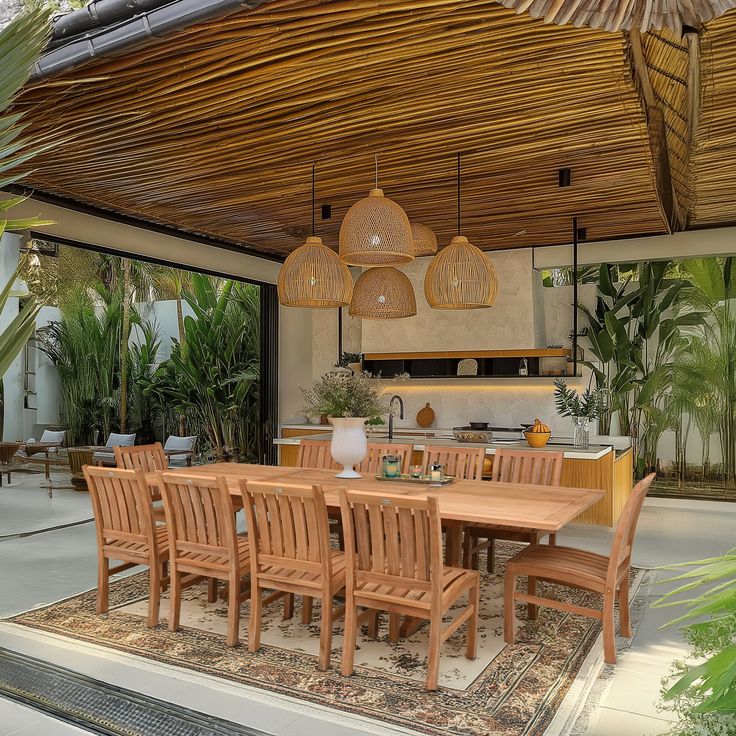 a large wooden table and chairs in a room with lots of plants on the floor