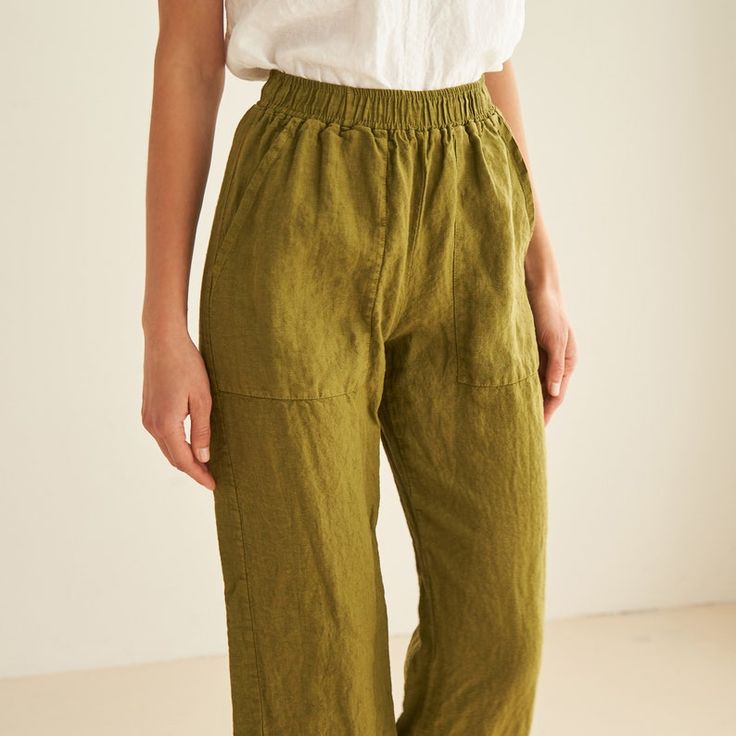 Linen Trousers With Elastic Waist, Linen Pants With Pockets, High Waisted Linen Trousers, Casual Linen Pants For Woman * Handmade * 100 % washed and softened linen * With inner pockets * Custom measurements Please send me your bust, waist,hips, and height measurements if you want a custom fit. Green Pull-on Straight Pants, Green Tapered Leg Pants With Pull-on Style, Versatile Green Ankle-length Pants, Non-stretch Tapered Leg Pants With Elastic Waistband, High Waist Stretch Linen Bottoms, High Waisted Stretch Linen Bottoms, High-waist Linen Bottoms With Side Pockets, High Waist Linen Bottoms With Side Pockets, Green Pull-on Tapered Leg Pants