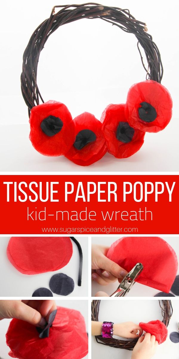 an image of poppys made out of paper with scissors and yarn on it, in the shape of a wreath