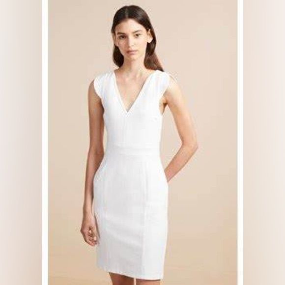 French Connection Lulu Lola Dress Stretch Dress Size 8 - (Nwt) Color - White Stretch Bodycon Cap Sleeves V-Neck Form Fitting Darts For Figure Back Zip Elegant Fitted V-neck Dress For Daywear, White V-neck Lined Midi Dress, White Midi Length V-neck Dress For Work, White V-neck Midi Dress For Work, White Fitted A-line V-neck Dress, White Lined Mini Dress For Formal Occasions, Formal White Lined Mini Dress, Classic White Sheath Mini Dress, Chic White V-neck Daywear Dress