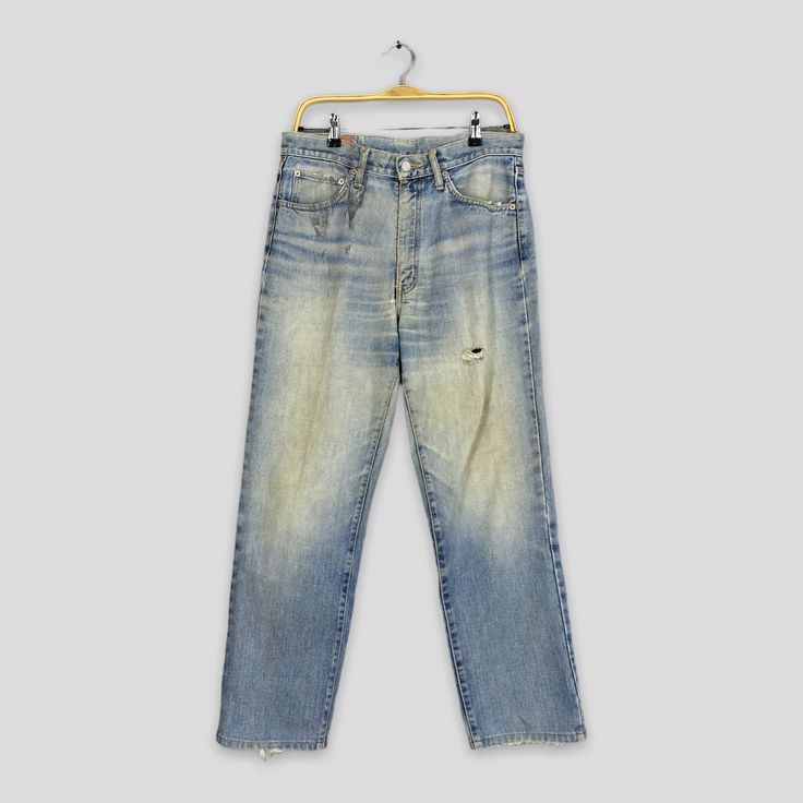 "Size 31x28 Vintage 90s Edwin Classic Faded Blue Jeans Stonewash Jeans 1990s Edwin Light Wash Denim Distressed Jeans Stone Washed W31 Please contact me for any questions about this clothing before buying. SIZE MEASUREMENTS :- WAIST : 31\" inches HIPS : 42\" inches THIGH: 24\" inches  LEG OPENING : 15\" inches RISE : 12\" inches INSEAM : 28\" inches OUTSEAM (TOTAL LENGTH) : 39.5\" inches WEIGHT : 0.68 kg Condition : Distressed faded dirty jeans Good Vintage Conditions. Please pay close attention to measurements provided. Do not rely on tag size as pre-worn items may have been  altered, stretched or shrunk & vintage sizes do not directly translate the modern sizes. The best way to ensure a correct fit is to compare our measurements  with the measurements of a similar item that you know fits Light Wash Straight Leg Grunge Jeans, Faded Distressed Denim Cropped Jeans, Retro Washed Mid-rise Jeans, 90s Relaxed Fit Jeans In Rigid Denim, 90s Style Relaxed Fit Rigid Denim Jeans, Retro Mid-rise Washed Jeans, Grunge Style Light Wash High Rise Jeans, Grunge Light Wash High Rise Jeans, Grunge High Rise Light Wash Jeans