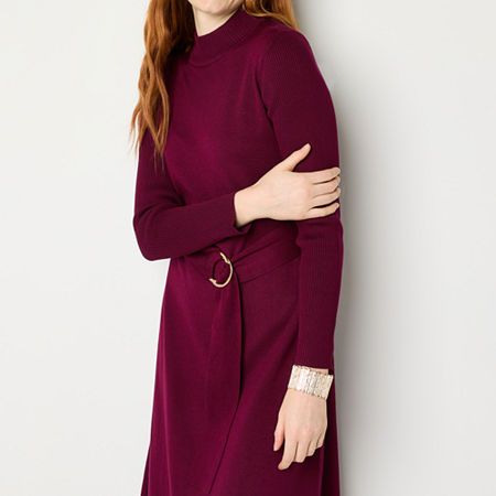 This Maia women�s sweater dress is a sleek polished style to impress for the office or a dinner date. Crafted from a soft knit, it has a figure-hugging mock neck design with long sleeves, a gold-tone ring belted waist and a midi-length flowy skirt. Wear it with ankle boots.Features: BeltedNeckline: Mock NeckSleeve Length: Long SleeveSleeve Style: Fitted SleeveApparel Length: 45 InchesDress Length: Midi LengthFiber Content: 78% Rayon, 22% PolyesterFabric Description: KnitCare: Machine Wash, Dry … Classic Fitted Sweater Dress, Classic Fitted Long Sleeve Sweater Dress, Classic Fitted Sweater Dress For Fall, Turtleneck Midi Dress For Workwear, Knee-length Sweater Dress For Work, Sleek Turtleneck Dress For Fall, Classic Fitted Sweater Dress For Winter, Classic Winter Midi Dress For Office, Stretch Mini Sweater Dress For Work