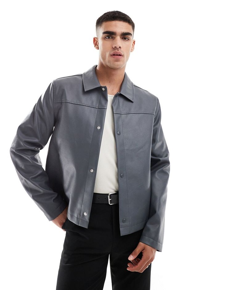 Jacket by ASOS DESIGN Outerwear upgrade Plain design Spread collar Snap placket Oversized fit Gray Collared Outerwear For Spring, Casual Gray Leather Jacket For Fall, Gray Leather Long Sleeve Outerwear, Gray Long Sleeve Leather Outerwear, Modern Gray Outerwear For Fall, Casual Gray Leather Outerwear, Modern Gray Long Sleeve Outerwear, Modern Outerwear With Snap Buttons, Classic Gray Outerwear With Relaxed Fit