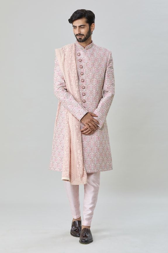 Pink sherwani with all over floral butti embroidery. Paired with churidar and embroidered stole. - Aza Fashions Butti Embroidery, Pink Sherwani, Embroidered Sherwani, Pink Men, Embroidery Floral, Types Of Work, Flowering Vines, Silk Embroidery, Pink Art