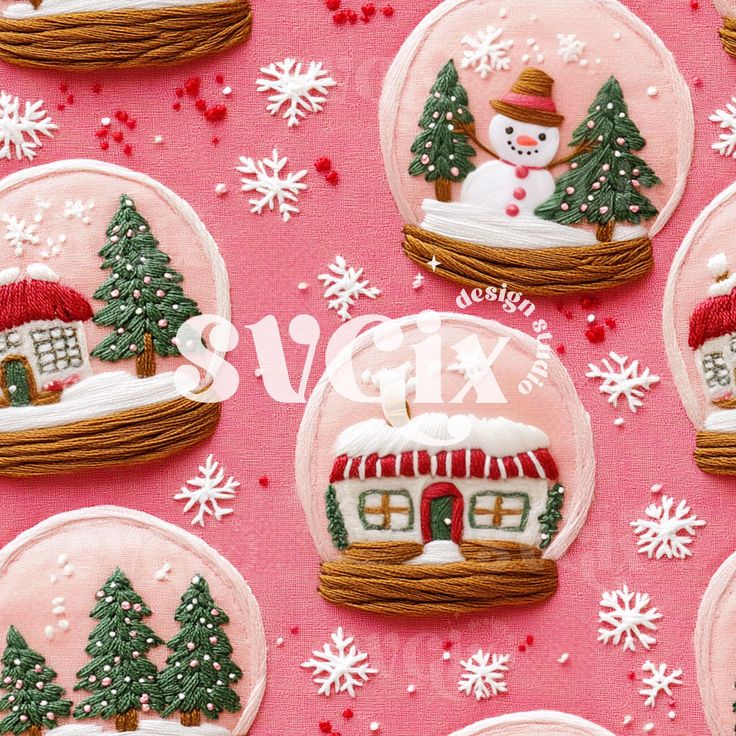 christmas cookies decorated with snowmen and houses in glass domes on a pink background, surrounded by snowflakes