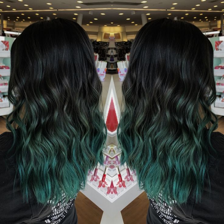 Black To Emerald Green Hair, Emerald Balayage Hair, Dark Green Balayage Hair, Emerald Green And Brown Hair, Forest Green Money Piece Hair, Slytherin Hair Color, Black And Forest Green Hair, Dark Green Tips Hair, Black Hair With Emerald Green