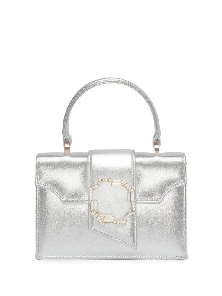 silver-tone leather/cotton logo stamp to the rear metallic finish single top handle detachable chain-link shoulder strap foldover top crest-embellished detail main compartment High-end Silver Shoulder Bag With Palladium Hardware, Luxury Silver Bag With Chain Strap, Luxury Silver Bags With Chain Strap, High-end Silver Shoulder Bag With Silver-tone Hardware, High-end Silver Top Handle Shoulder Bag, Silver Shoulder Bag With Top Handle And Chain Strap, High-end Silver Bag With Palladium Hardware, Luxury Silver Crossbody Shoulder Bag, Luxury Silver Shoulder Bag With Chain Strap