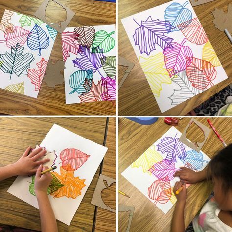 four different pictures of children's artwork with leaves on paper and colored crayons