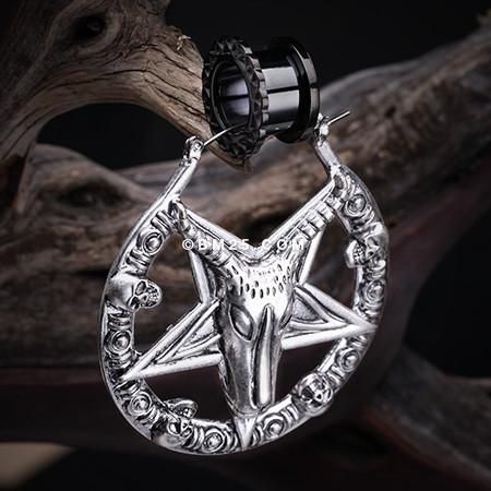 A Pair of Baphomet Evil Goat Plug Hoop Earring-Steel Shadow Jewellery, Heavy Sweating, Flesh Tunnel, Stretched Lobes, Plug Earrings, Gauged Earrings, Plugs Earrings, Gauges Plugs, Stylish Earring