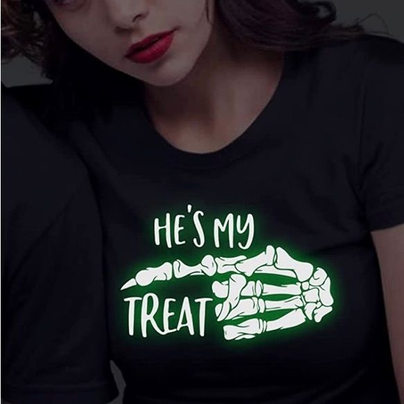 New He’s My Treat Gildan T- Shirt Color:Black Glow In The Dark Size: Medium #Halloween #Couples Brand New If You Bundel Both The Women And Men’s Shirt For 40$ Bundel And Save More Womens Is Medium Men’s Is Large Black Halloween T-shirt With Text Print, Casual Black Glow In The Dark Top, Black Halloween Top With Text Print, Black Glow In The Dark Crew Neck Top, Halloween Black T-shirt With Text Print, Black Slogan T-shirt For Halloween, Black Graphic Tee With Glow In The Dark Details, Halloween Glow In The Dark Black Top, Halloween Couples