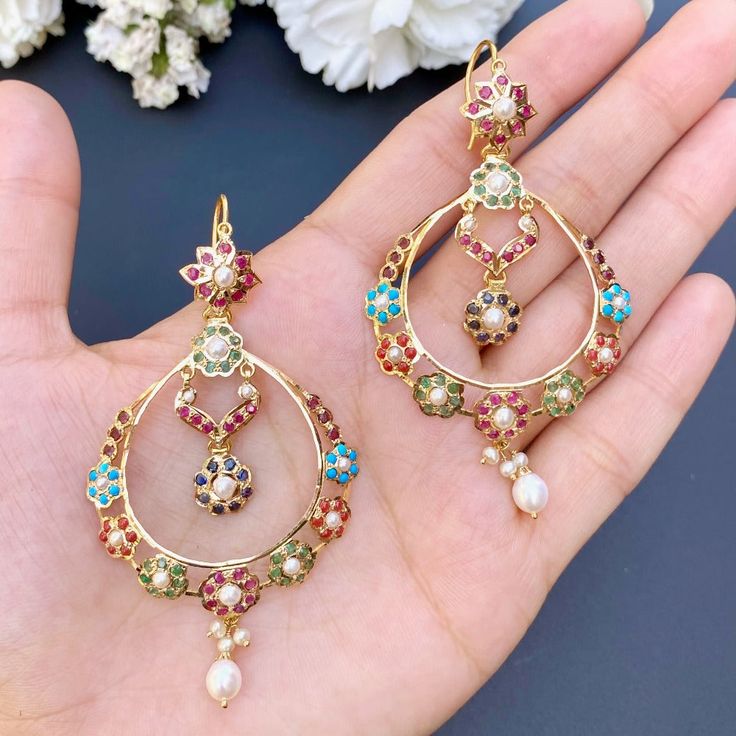 navratna chandbali with fish hook in gold Navratan Jewellery, Gold Chandbali, 22k Gold Jewelry Necklaces, Classic Jewelry Pieces, 22k Gold Jewelry, Chandbali Earrings, Pearl Necklace Set, Artificial Jewellery, Ruby Emerald