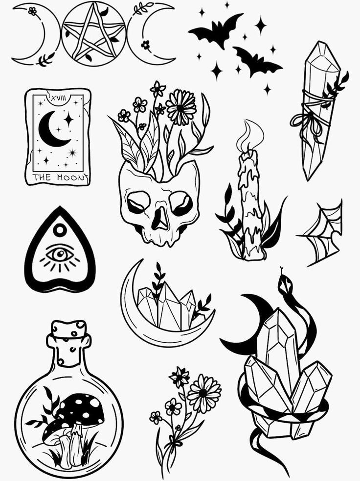 some tattoos that are black and white on a white background with stars, moon, and flowers