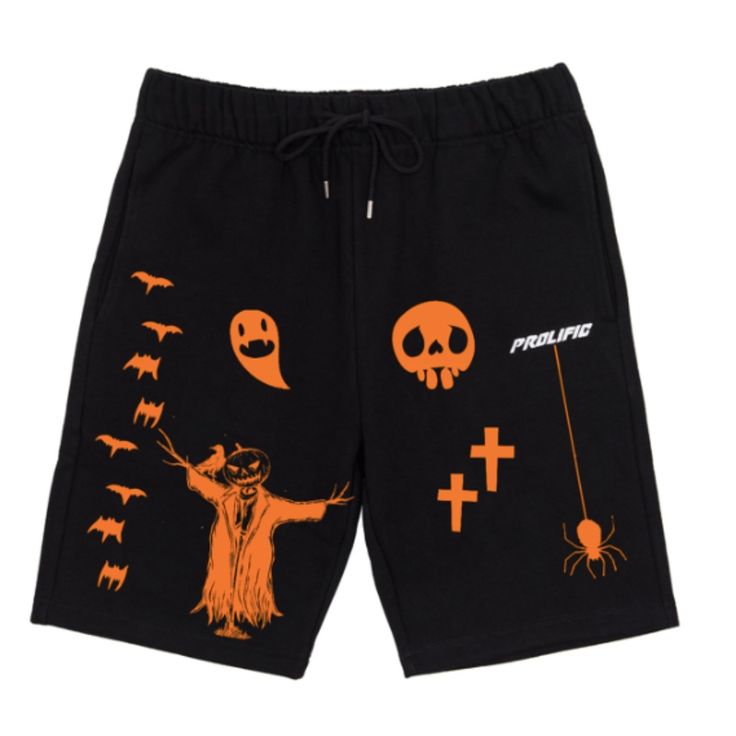 Screenprinted. 100% Cotton. Black Graphic Print Bottoms For Fall, Black Shorts For Fall Streetwear, Black Cotton Shorts For Fall, Black Graphic Print Bottoms For Summer, Halloween Streetwear Short Bottoms, Black Graphic Print Shorts, Black Shorts For Fall, Black Shorts For Halloween Streetwear, Black Cotton Halloween Shorts