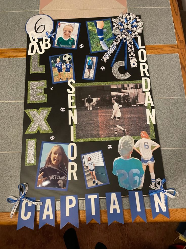 a collage of photos and letters is displayed on a table with ribbon around it