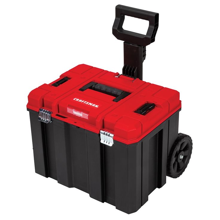 a red and black tool box with wheels