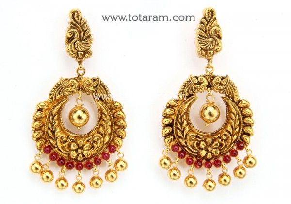 Temple Jewellery - 22K Gold 'Peacock' Drop Earrings (Chand Bali) With Beads - 235-GER11839 in 15.600 Grams Temple Jewellery Gold, Bharatanatyam Jewellery, Gold Long Earrings, Indian Gold Jewellery Design, Chand Bali, Temple Jewellery Earrings, Indian Gold Jewelry, Gold Earrings Indian, Gold Peacock