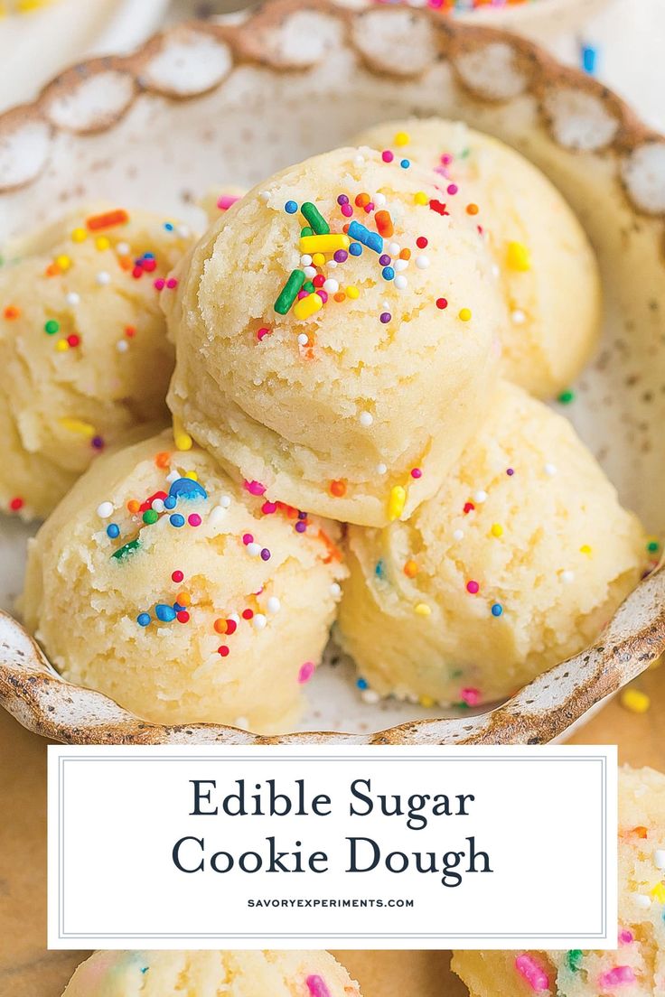 edible sugar cookie dough in a bowl with sprinkles on top and the title overlay reads edible sugar cookie dough