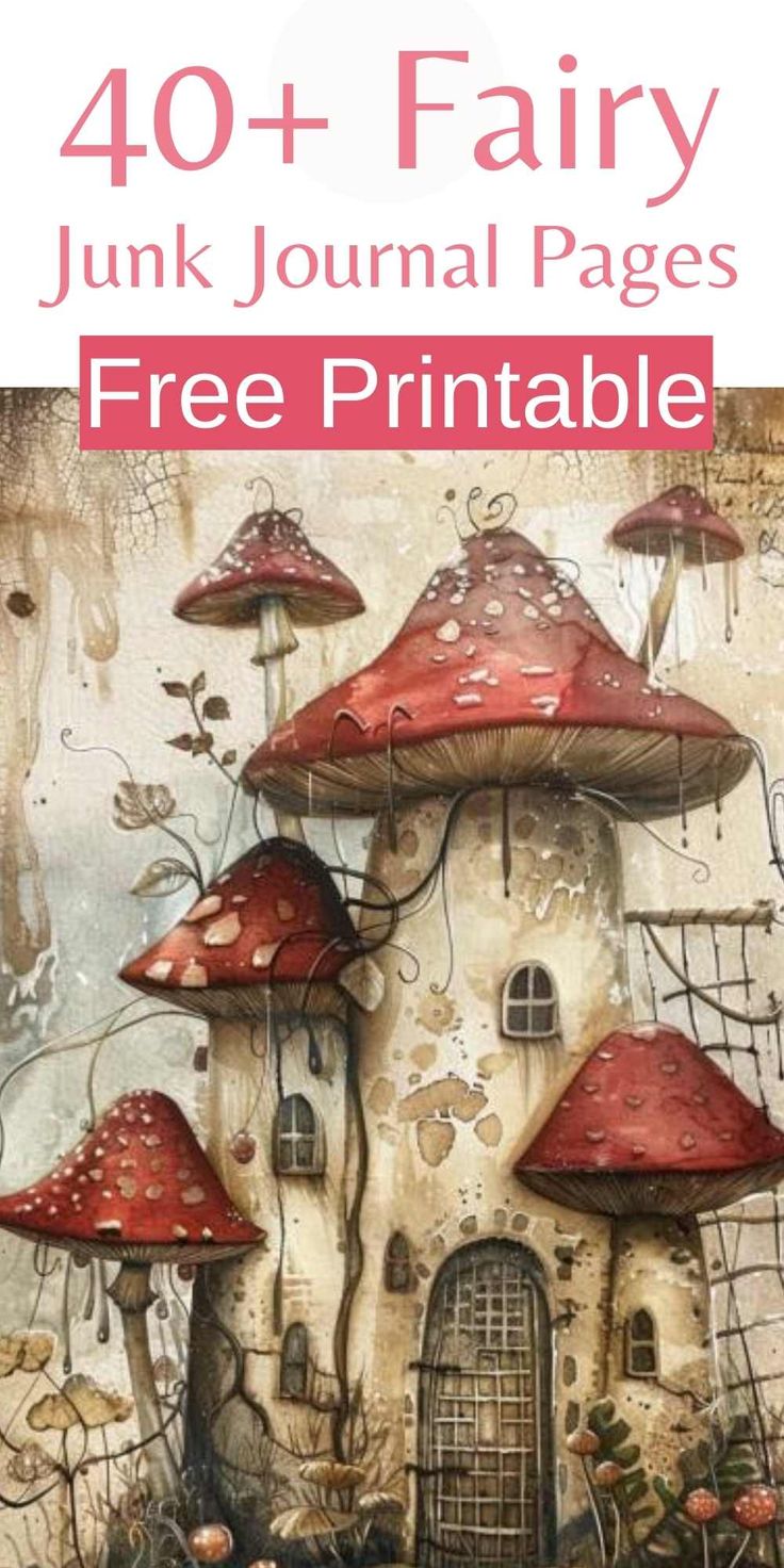 an image of a fairy house with red mushrooms on it and the words, 40 + fairy