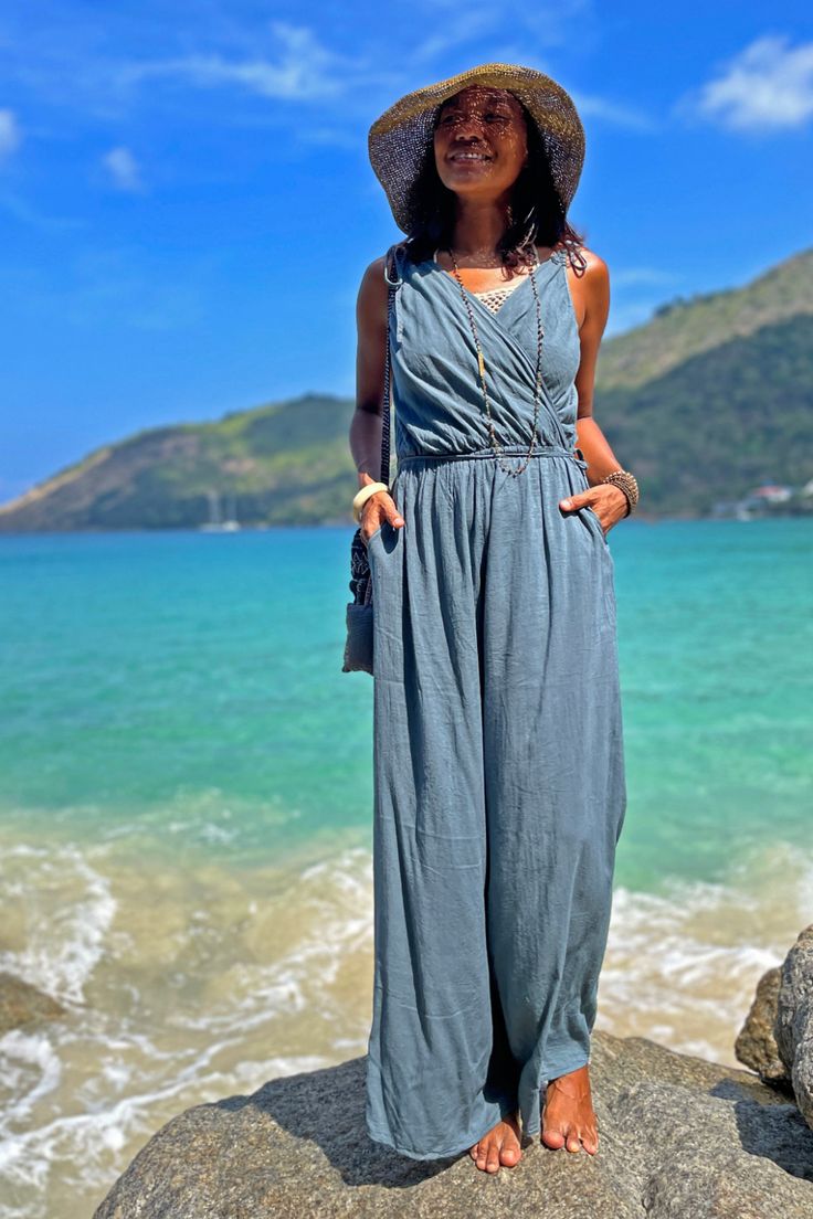 Wide Leg Jumpsuit, Boho Jumpsuit, Loose Jumpsuit, Wrap Jumpsuit, Palazzo Jumpsuit, Elegant Jumpsuit, Cocktail Jumpsuit, Cotton Jumpsuit V-neck Jumpsuits And Rompers With Pockets For Beach, Sleeveless Solid Denim Jumpsuit For Summer, Solid Sleeveless Denim Jumpsuit For Summer, Summer Blue Jumpsuits And Rompers With Pockets, Blue Summer Jumpsuits And Rompers With Pockets, Blue Overalls For Beach In Spring, Light Blue Sleeveless Romper For Vacation, Sleeveless Denim Jumpsuit For Spring Beach Outing, Blue Denim Jumpsuit For Spring Beach Outings