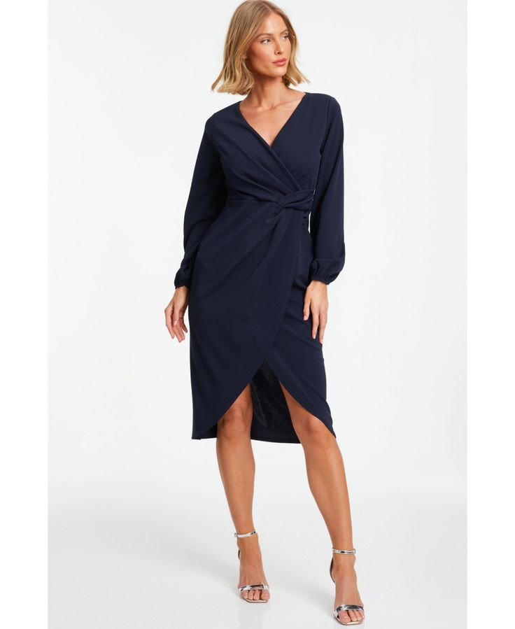 in stock Navy V-neck Midi Dress For Evening, Formal Navy Midi Dress V-neck, Formal Navy Midi Dress With V-neck, Blue Midi Dress With Surplice Neckline For Parties, Blue Midi Dress With Surplice Neckline For Evening, Navy Long Sleeve Midi Dress For Party, Blue Surplice Neckline Midi Dress For Party, Blue Surplice Neckline Midi Dress For Evening, Blue Midi Length Wrap Dress For Evening