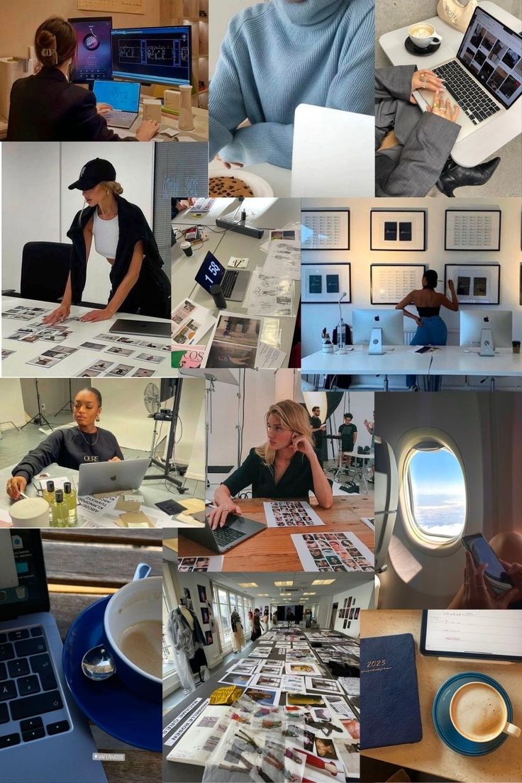 a collage of photos with people working on laptops and other things in the background