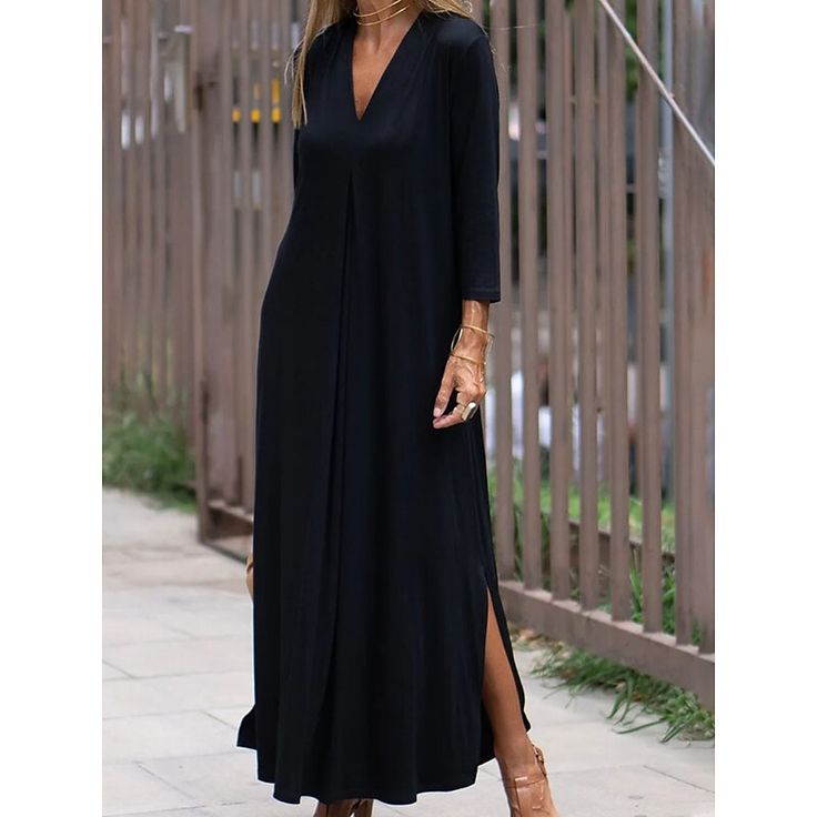 Season:Summer,Spring,Autumn,Fall; Fabric:Satin; Sleeve Length:Long Sleeve; Look After Me:Machine wash; Gender:Women's; Style:Fashion,Casual,Basic,Classic; Elasticity:Micro-elastic; Occasion:Beach,Daily,Vacation; Fit Type:Loose Fit; Dresses Type:Black Dress,Casual Dress,Cotton Linen Dress; Pattern:Plain; Design:Split; Neckline:V Neck; Front page:FF; Listing Date:07/19/2023; Production mode:External procurement; 2024 Trends:2023; Bust:; Length:; Dress Length Type:Maxi long Dress; Print Type:non-pr How To Fold Sleeves, Elegante Casual, Comfy Dresses, Loose Outfit, Yoga Shorts, Denim Jumpsuit, Medan, Comfortable Dress, Belleza Natural