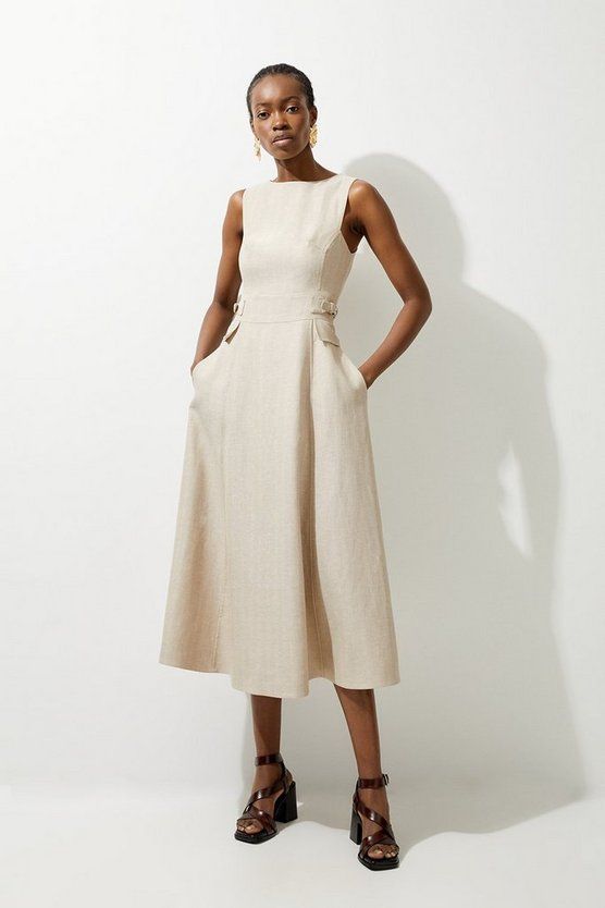 Premium Linen Tab Waist Detail Full Skirt Tailored Midi Dress | Karen Millen Work Outfits Business Casual, Casual Work Dresses, Spring Wedding Guest Dress, Petite Business Casual, Ibiza Outfits, Honeymoon Outfits, Fall Wedding Guest Dress, Bachelorette Outfits, Full Skirt Dress