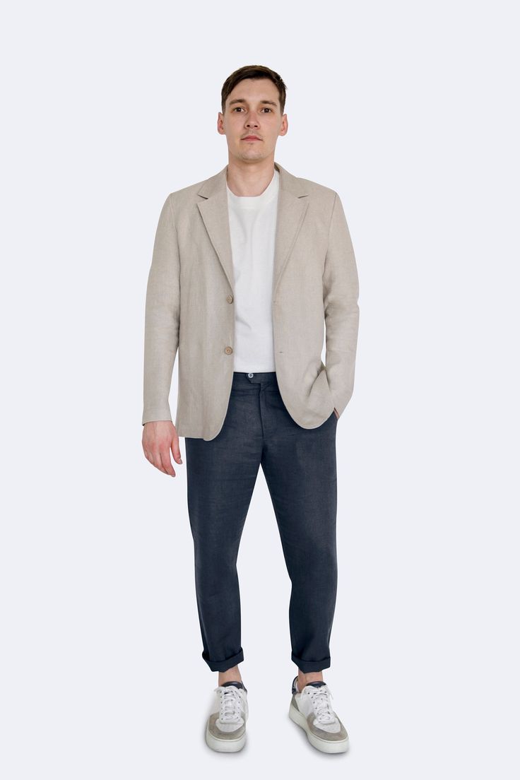 Refresh your look with the Men's Natural Linen Blazer, crafted from high-quality heavy-weight linen. This versatile jacket is ideal for any setting, blending style with comfort. The natural color and breathable fabric ensure you stay cool and stylish from morning to night. * Material: 100% Heavy-Weight Linen * Color: Natural Linen * Fit: Regular * Design: Single-breasted with two coconut shell buttons * Care Instructions: Dry clean recommended, or hand wash and line dry Perfect for the modern ma Formal Linen Outerwear With Pockets, Winter Linen Business Blazer, Winter Business Linen Blazer, Classic Long Sleeve Linen Tweed Jacket, Tailored Linen Tweed Jacket For Winter, Single Breasted Linen Tweed Jacket, Single-breasted Linen Tweed Jacket With Long Sleeves, Single-breasted Linen Tweed Jacket, Tailored Linen Sport Coat For Winter