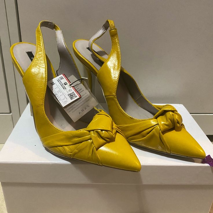 Yellow Zara Heels - Sling Back 8 Yellow Open Toe Slingback Pumps For Party, Zara High Heel Slingback Pumps For Summer, Zara Summer High Heel Slingback Pumps, Yellow Slingback Pumps For Summer Formal, Yellow Slingback Pumps For Summer Formal Events, Chic Summer Slingback Pumps For Shopping, Elegant Yellow Slingback Pumps With Pointed Toe, Elegant Yellow Slingback Pumps For Spring, Zara Slingback Pumps For Summer Party