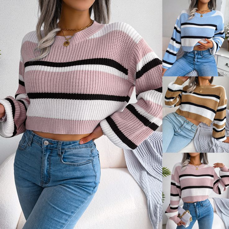 Casual Striped Long Sleeve Cropped Knitted Sweater - Blue,S Model Sleeves, Womens Athletic Outfits, Cropped Knit Sweater, Open Neck, Long Sleeve Knit Sweaters, Casual Stripes, Knitted Sweater, Estilo Casual, Long Sleeve Casual