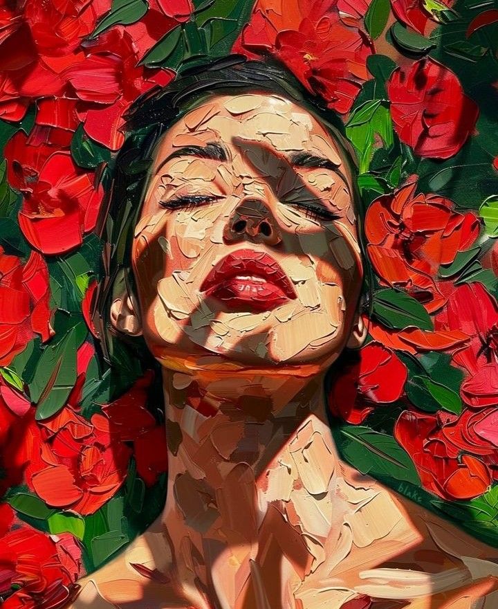 a painting of a woman's face with red flowers in the background and her eyes closed