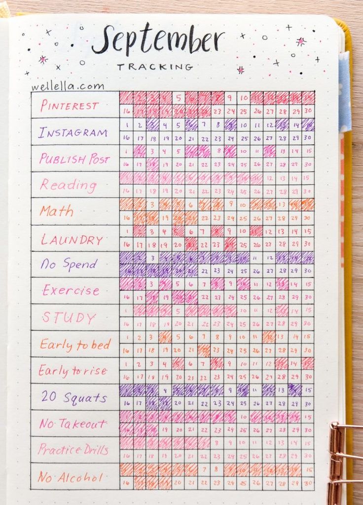 a calendar with the dates and times for each month in pink, blue, yellow and orange