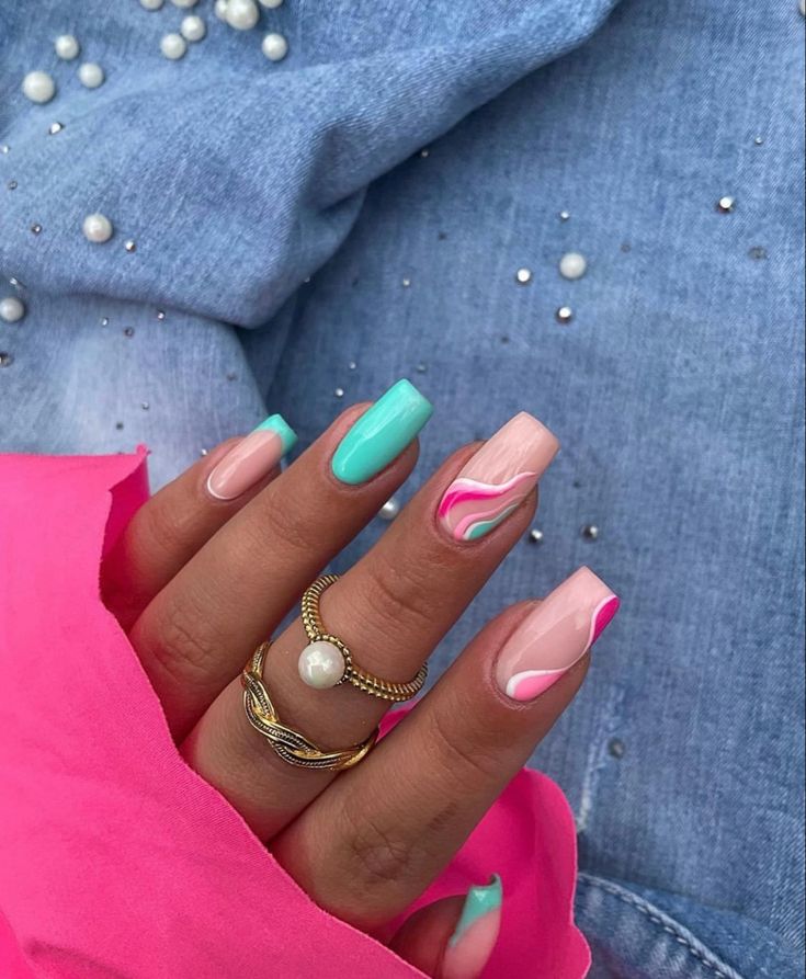 Tiffany Blue And Pink Nails, Pink And Blue Nails Design Simple, Pink And Blue Nails Design, Blue Pink Nails, Ibiza Nails, Nail Art Blanc, Tiffany Blue Nails, Uñas Aesthetic, Unghie Sfumate