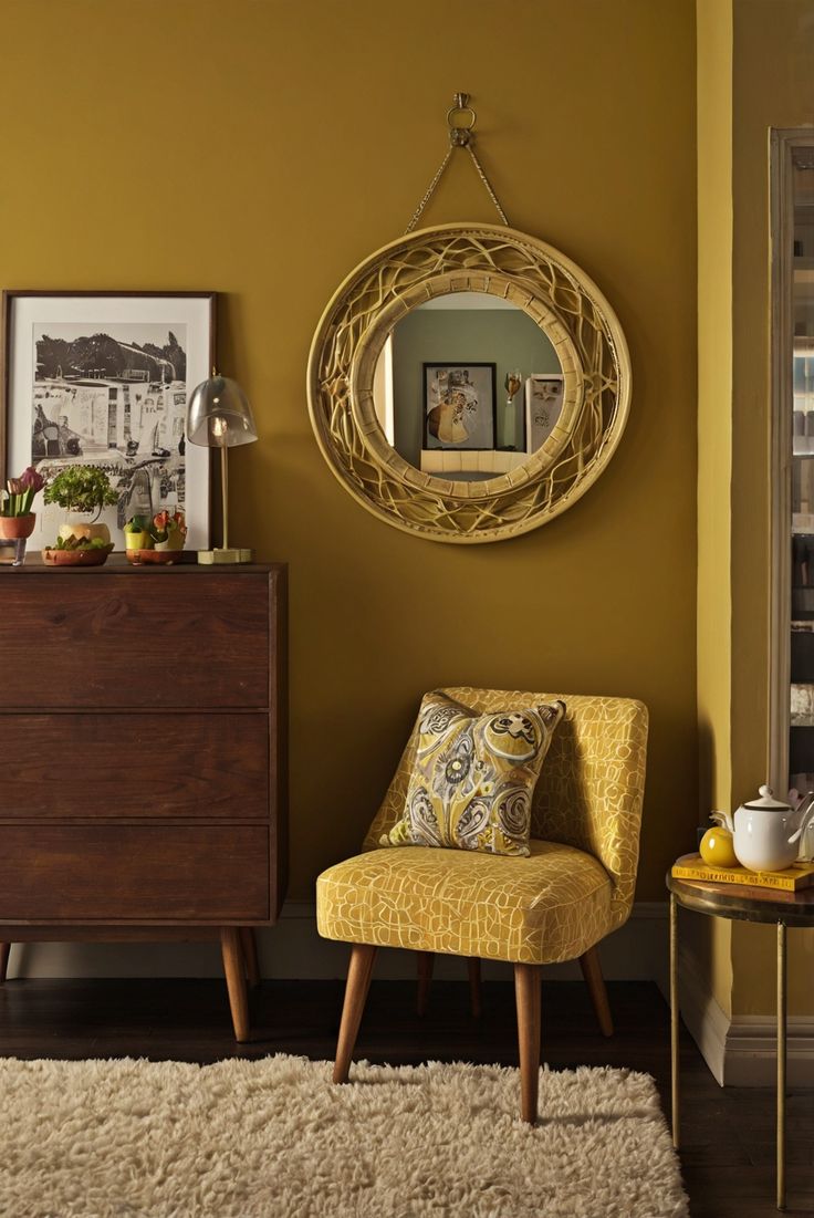 a yellow chair in front of a mirror on the wall next to a wooden dresser