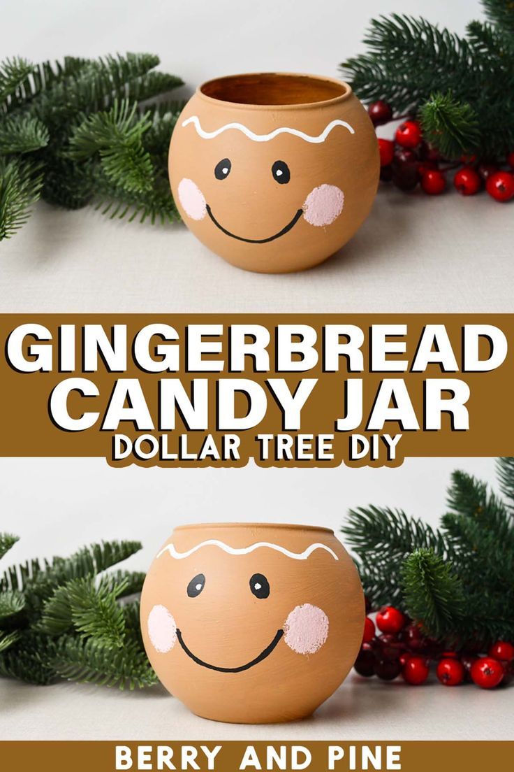 Split vertical image of a painted gingerbread candy dish in front of Christmas greenery with text which reads Gingerbread Candy Jar Dollar Tree DIY. Diy Painting Candles, Dollar Tree Gingerbread, Christmas Craft Ideas To Make, Candy Dish Diy, Candy Jars Diy, Dollar Tree Christmas Diy, Craft For Christmas, Dollar Tree Vases, Girls Night Crafts