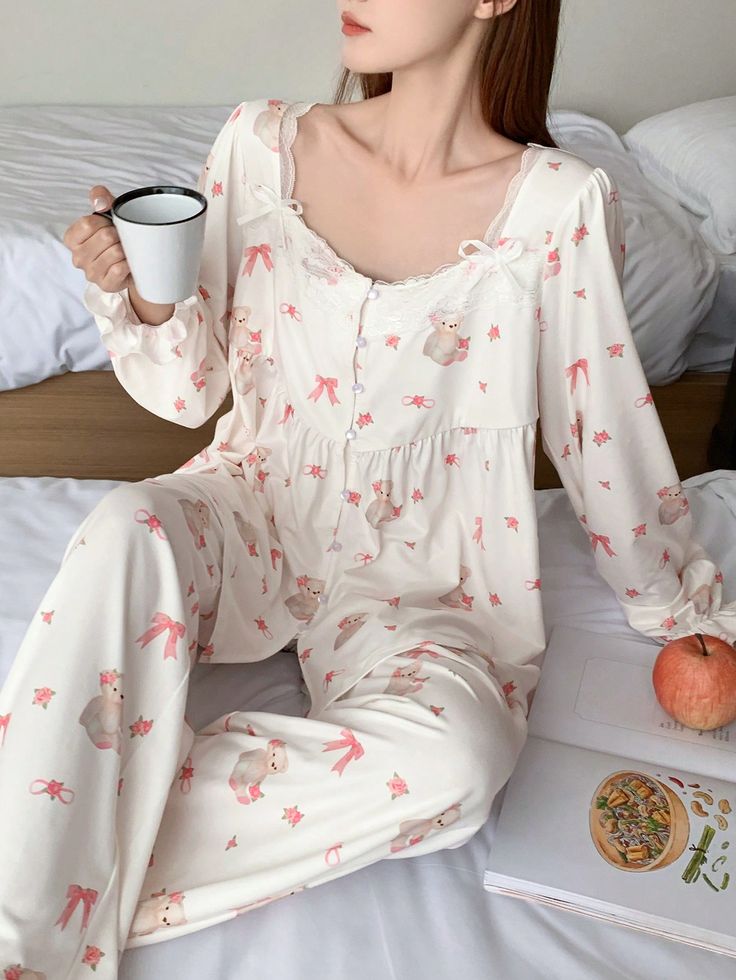 Women's Sweet Bow Print Ruffle Trim Long Sleeve Top And Pants Pajama Set Beige Cute    Plants,All Over Print  Non-Stretch All Women Sleep & Lounge, size features are:Bust: ,Length: ,Sleeve Length: Cute Plants, Stand Collar Top, Cute Sleepwear, Bow Print, Solid Color Pants, Soft Pajamas, Simple Blouse, Cute Pajamas, Elastic Waist Pants