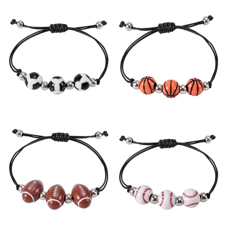 four different bracelets with balls and basketballs on the string, one is black