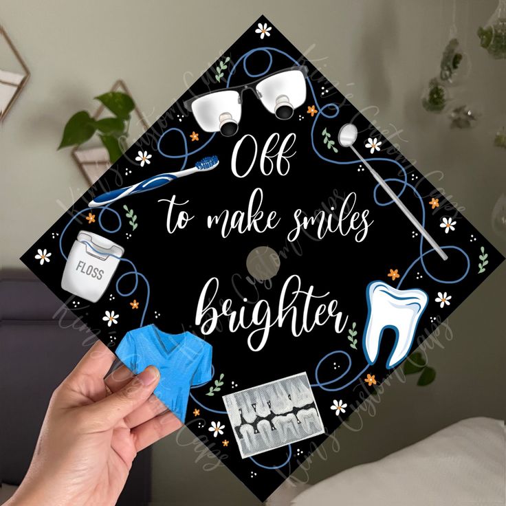 This graduation cap cover is 9.5 x 9.5 inches and will fit any standard adult-sized graduation cap. It is printed on high-quality cardstock paper. The center button hole is cut out in the center of the design to leave an opening for your tassel to wrap around your cap button.  Each design comes with an instruction card on how to easily attach it to your cap. This is a premade topper, meaning they are already printed with the quote as pictured and ready-to ship. Absolutely no changes can be made Dentist Cap Decorations, Dentistry Graduation Cap, Rdh Cap Decoration, Dental Cap Decoration, Dental Grad Cap, Dentist Graduation Cap, Rdh Graduation Cap, Graduation Cap Designs Dental, Dental Assistant Graduation Cap