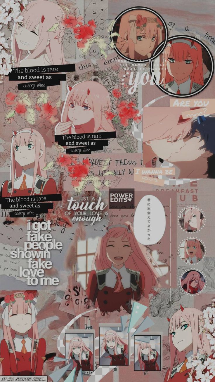 an anime character collage with pink hair and flowers in the background, surrounded by other images